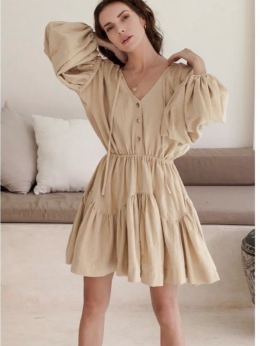 Beige V-Neck Tiered Mini Dress with Puff Sleeves